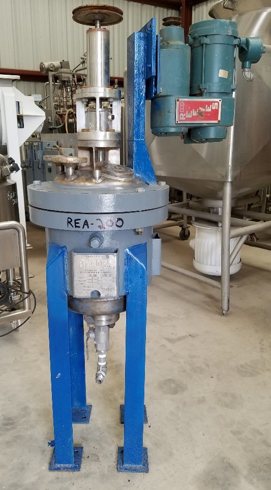 ***SOLD*** used 5 Gallon Stainless Steel Reactor built by Brighton. Unit mounted on Stand. 316SS Shell rated 300 PSI @ 350 Deg.F.  Jacket Rated 150 PSI @ 350 Deg.F. Top mounted agitation. NB # 2539